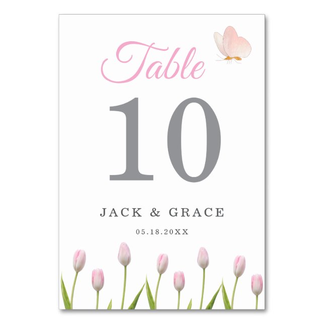 Modern zartes Rosa Blütenblüten und Schmetterling  Tischnummer (Vorderseite)