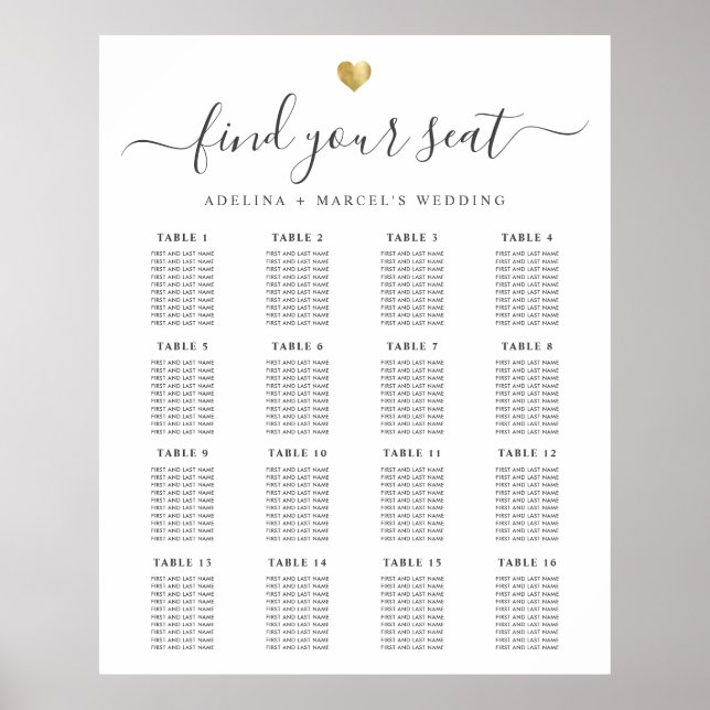 ModernCalligraphy Gold Heart Wedding Chart Poster (Vorne)