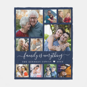Moderne 10 Foto-Collage Familienname Zitat Blau Fleecedecke
