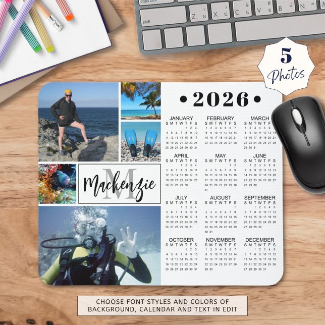 Moderne 2026 Kalender 5 Fotos Monogramm Name Mousepad (Von Creator hochgeladen)