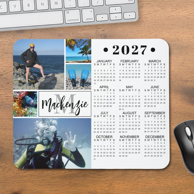 Moderne 2026 Kalender 5 Fotos Monogramm Name Mousepad (Von Creator hochgeladen)