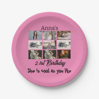 Moderne 21. Geburtstag personalisiert 9 FotoCollag Pappteller