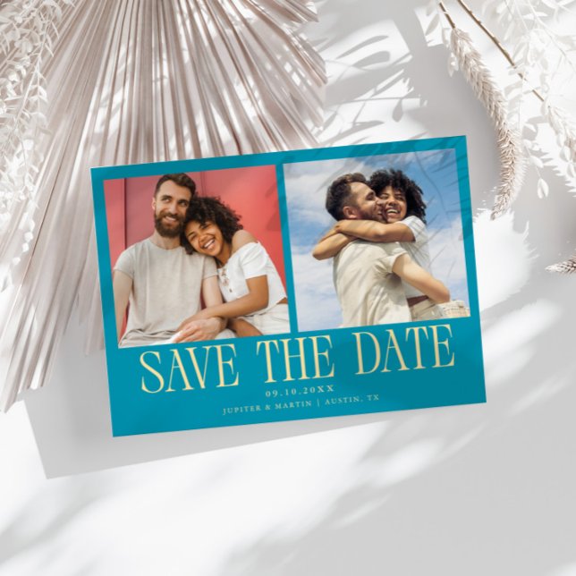 Moderne 2-Foto Aqua Blau Hochzeit Save The Date (Von Creator hochgeladen)