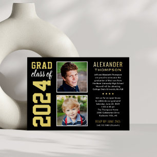 Moderne 2-Foto Black and Gold Graduation Party Folieneinladung