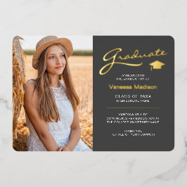 Moderne 2 Foto Grau White & Gold Foil Grad Card Folieneinladung