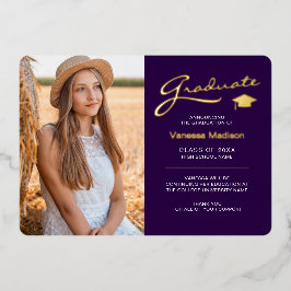 Moderne 2 Foto Lila White & Gold Foil Grad Card Folieneinladung