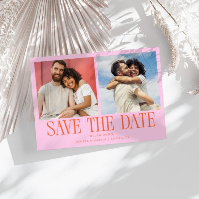 Moderne 2-Foto Orange Rosa Hochzeit Save The Date (Von Creator hochgeladen)