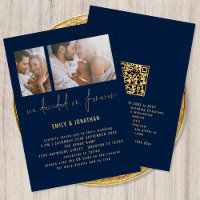 Moderne 2-Foto QR Code Navy Gold Hochzeit