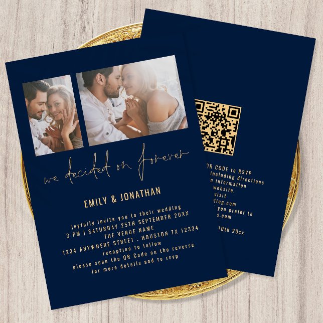 Moderne 2-Foto QR Code Navy Gold Hochzeit Einladung (Von Creator hochgeladen)