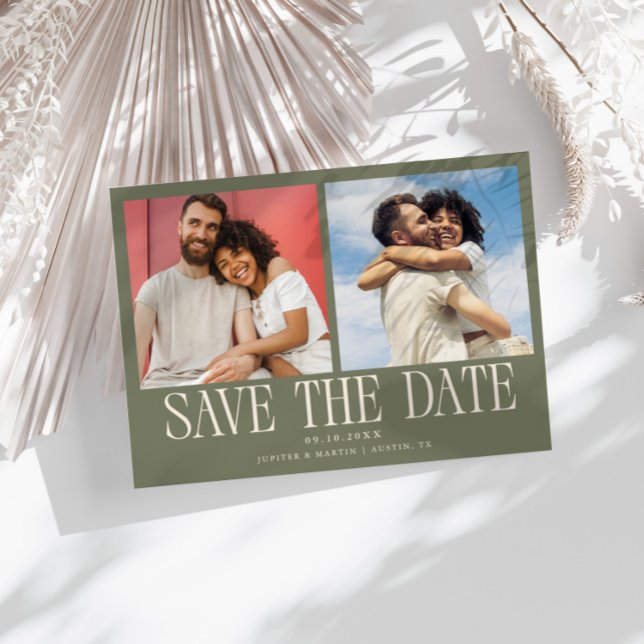 Moderne 2-Foto-Sage-Grün-Hochzeit Save The Date (Von Creator hochgeladen)