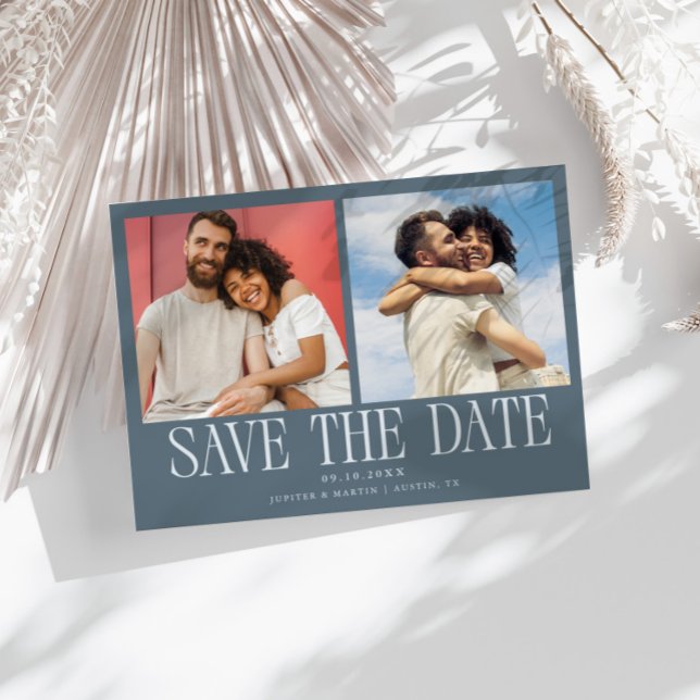 Moderne 2-Foto-Schieferblaue Hochzeit Save The Date (Von Creator hochgeladen)