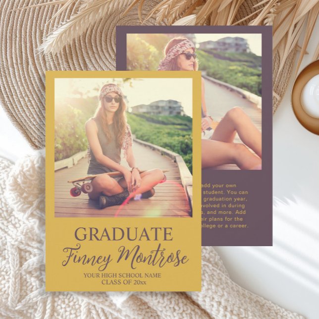 Moderne 2 Foto Yellow Brown Grad Ankündigung (Mustard yellow and chocolate brown 2-photo graduation announcement)