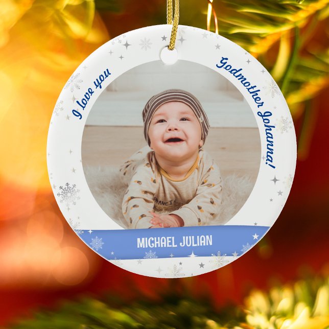 Moderne 2 Fotos Baby Boy 1. Weihnachtsmutter Keramik Ornament (Modern, Cute, Elegant I love you, Godmother! First Christmas Newborn Baby Boy. 2 Photos. Snowflakes)