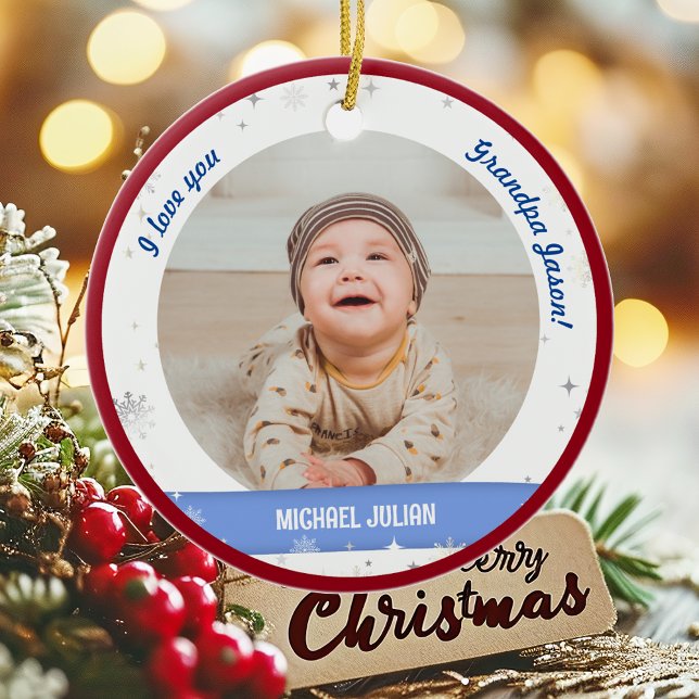 Moderne 2 Fotos Baby Boy First Christmas Opa Keramik Ornament (Cute Modern Elegant Personalized First Christmas Baby I love you Grandpa Baby Boy 2 Photos Snow)