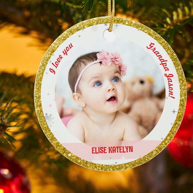 Moderne 2 Fotos Baby Girl First Christmas Opa Keramik Ornament (Modern Elegant Cute I love you, Grandpa! First Christmas Baby Girl Name 2 Photos Golden Faux Glitter)