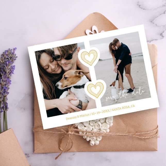 Moderne 2 Multi-Fotos & 2 Spitzenherzen Weiß & Gol Save The Date (Modern 2 Multi Photos & 2 Fake Lace Hearts in White & Faux Golden Wedding Save the Date Card.)
