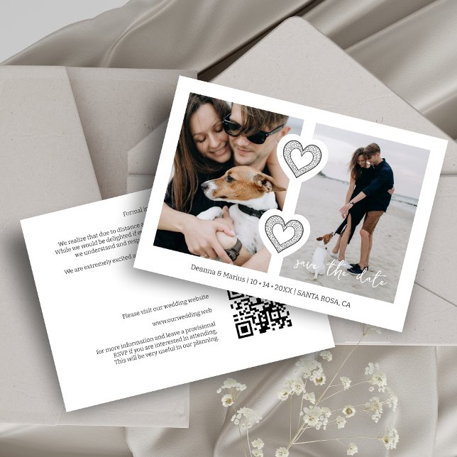 Moderne 2 Multi-Fotos & 2 Spitzenherzen Weiß & Gra Save The Date (Modern 2 Multi Photos & 2 Fake Lace Hearts in White & Dark Grey Wedding Save the Date Card.)