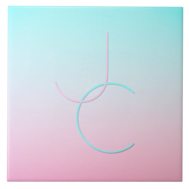 Moderne 2 überlappende Initialen | Türkis Pink Fliese (Vorderseite)