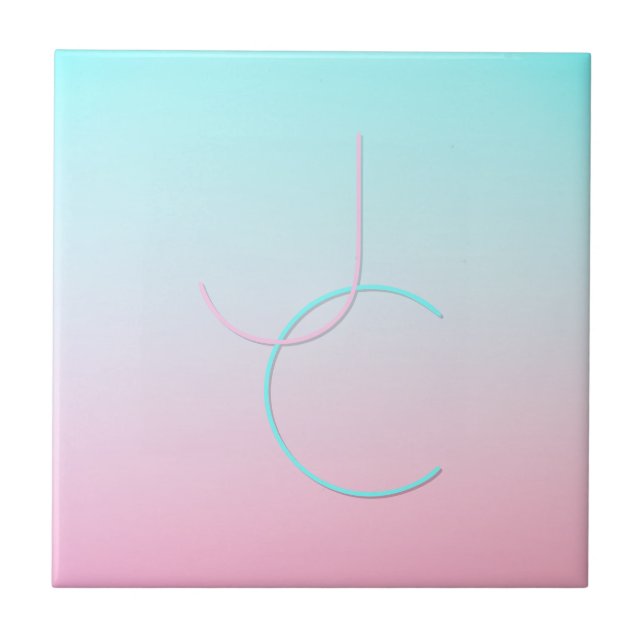 Moderne 2 überlappende Initialen | Türkis Pink Fliese (Vorderseite)