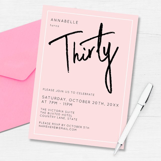 Moderne 30. Dreißigste Geburtstagsparty Einladung (Modern blush pink 30th birthday party invitation. Perfect for any thirty / thirtieth birthday party)