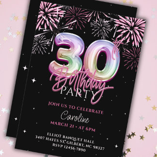 Moderne 30. Pink Foil Ballon Feuerwerke Geburtstag Einladung