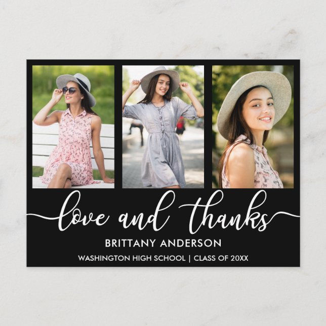 Moderne 3-Foto-Abschluss-Liebe und dank B Ankündigungspostkarte (Vorderseite)