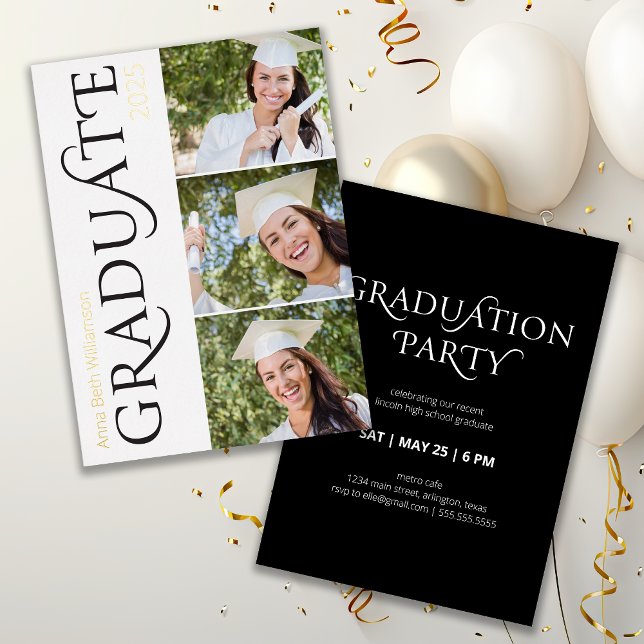 Moderne 3-Foto Black Gold Graduation Party Folieneinladung (Von Creator hochgeladen)