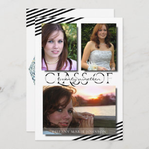 Moderne 3 Foto Black Stripes Graduierungsparty Einladung