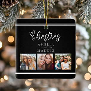 Moderne 3-Foto-Collage Besties Schwarz und Weiß  Keramikornament