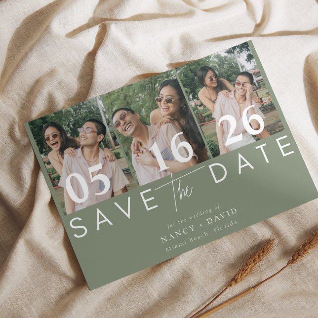 Moderne 3-Foto-Collage Salbeigrüne Hochzeit Save The Date (Von Creator hochgeladen)