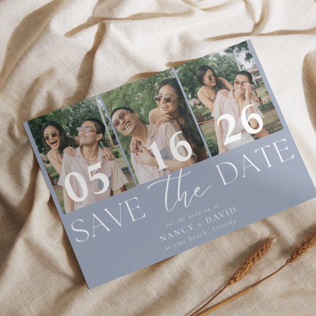 Moderne 3-Foto-Collage Staubblau Hochzeit   Save The Date (Von Creator hochgeladen)