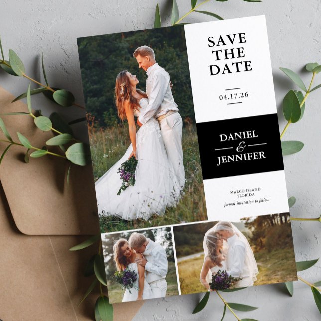 Moderne 3-Foto-Galerie-Hochzeit rettet das Datum Save The Date (Von Creator hochgeladen)