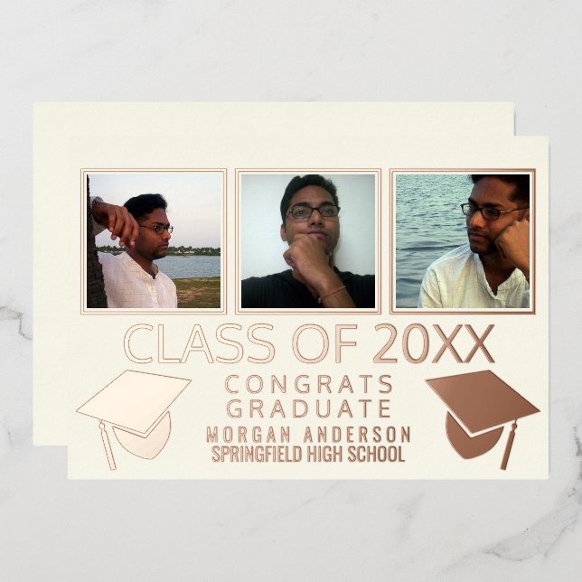 Moderne 3-Foto-Graduierungskappen Elfenbeinküste R Folieneinladung (Vorderseite/Rückseite)