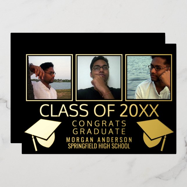 Moderne 3-Foto-Graduierungskappen Schwarz und Gold Folieneinladung (Vorderseite/Rückseite)