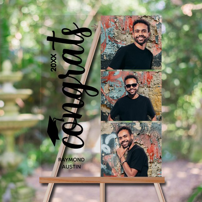 Moderne 3-Foto-Graduierungspartei Acrylschild (Modern 3 photo graduation party acrylic sign with your details on chic black lettering)