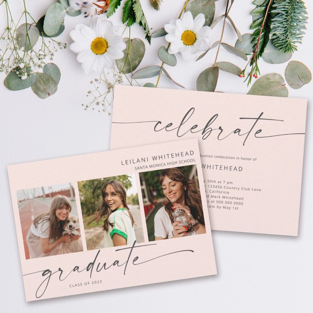 Moderne 3-Foto-Graduierungsparty Rosa Ankündigung (Von Creator hochgeladen)