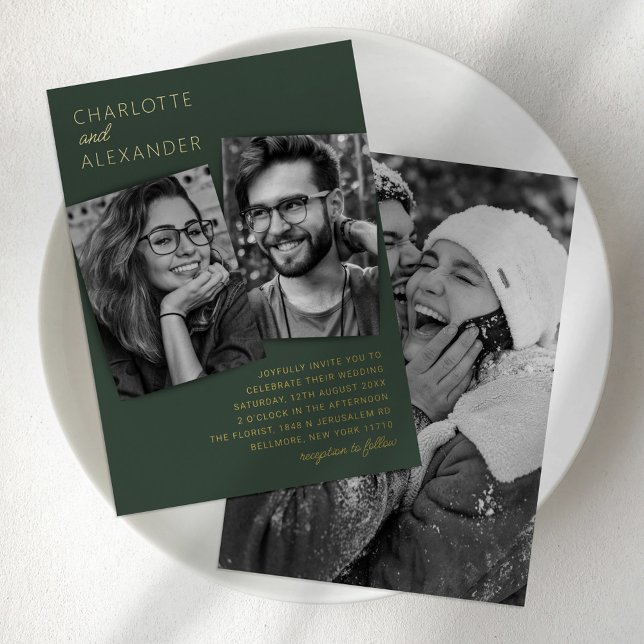 Moderne 3-Foto Hochzeit Real Foil Einladung (Von Creator hochgeladen)