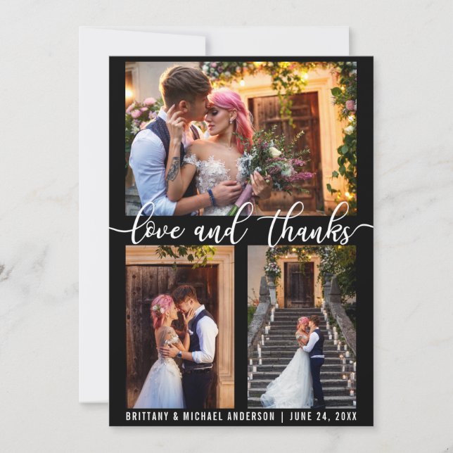 Moderne 3 Foto Liebe und Dank Hochzeit Dankeskarte (Vorderseite)