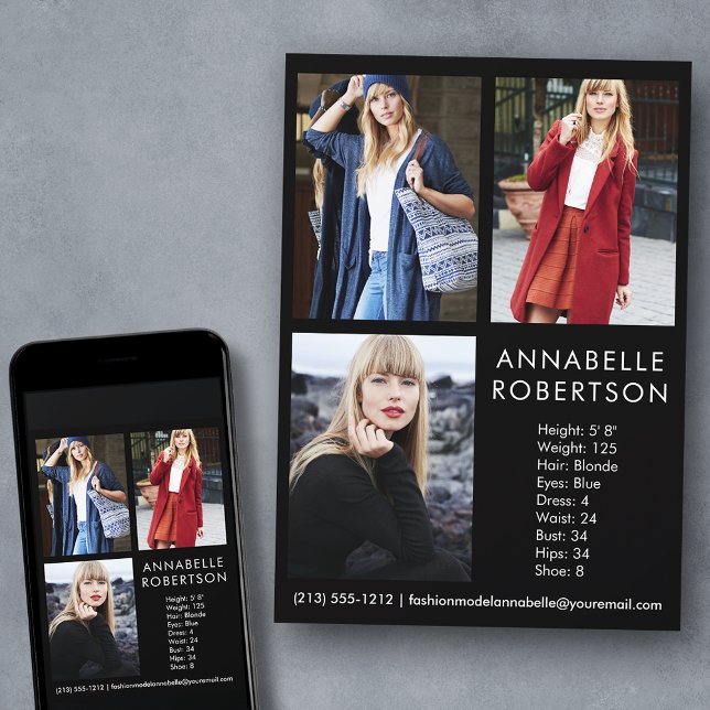 Moderne 3-Foto-Modell-Comp-Karte Einladung (Customize to change background color, text size, style or to add more photos to back of card.)