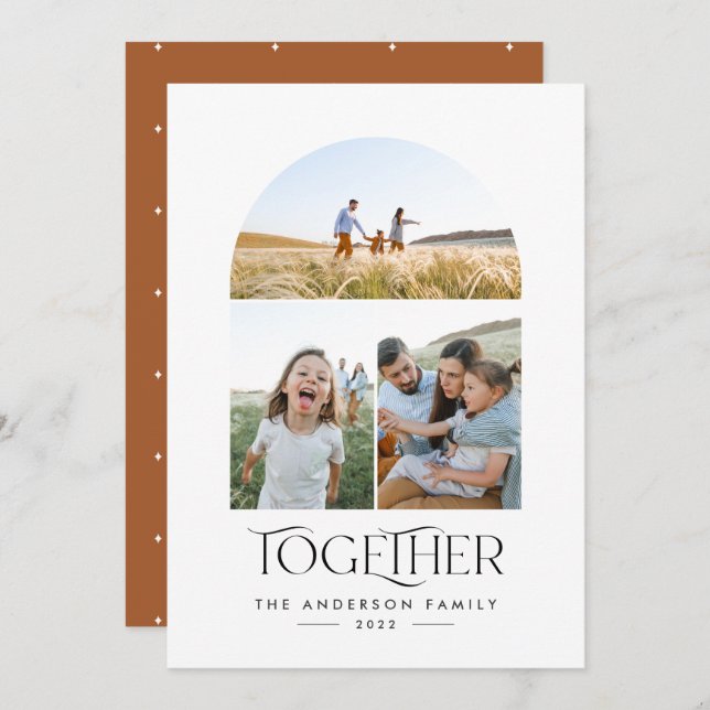 Moderne 3-Foto-Rostbogen mit Typografie (Vorne/Hinten)