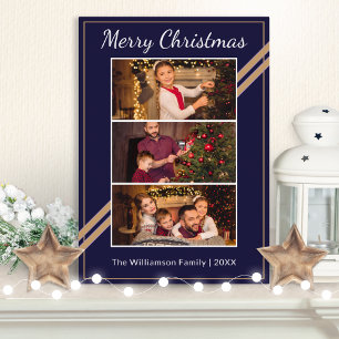 Moderne 3 Fotos Collage Navy Blau Frohe Weihnachte Folien Feiertagskarte