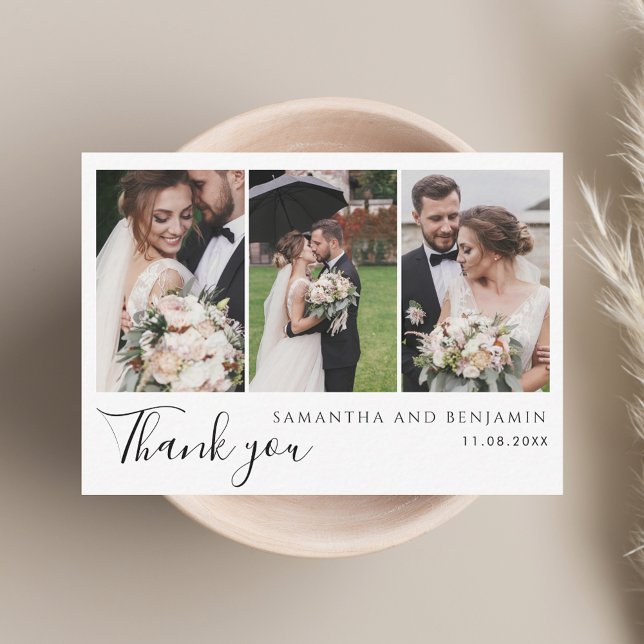Moderne 3 Fotos Hochzeit Danke Mitteilungskarte (Modern 3 Photos Wedding Thank You Note Card)