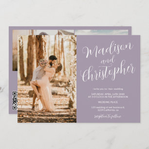 Moderne 3 Fotos Namen lavender Qr Hochzeit Einladung
