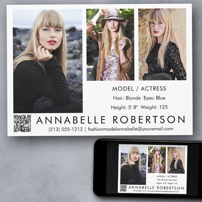 Moderne 3 Fotos QR Code Modell und Actor Comp Card Einladung (Customize to change background color, text size, style or to add more photos to back of card.)