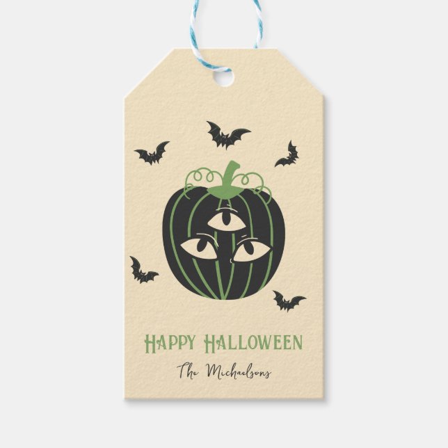 Moderne 3 Mit Augen Pumpkin and Bats Individuelle  Geschenkanhänger (Vorderseite)