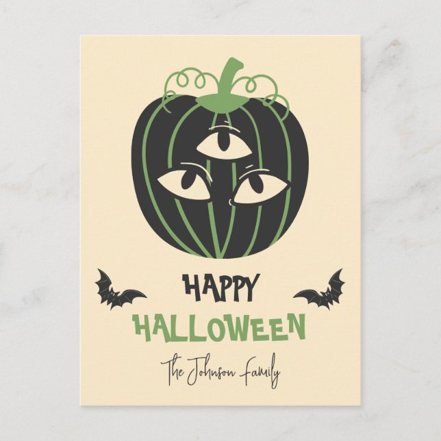Moderne 3-Mit Augen Pumpkin Happy Halloween Famili Postkarte (Vorderseite)