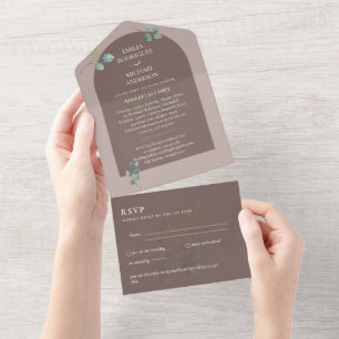 Moderne 3in1 Grünpflanzen Eukalyptus Hochzeit RSVP All In One Einladung