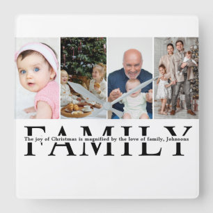 Moderne 4-Foto-Collage-Familien-Weihnachtszitat  Quadratische Wanduhr