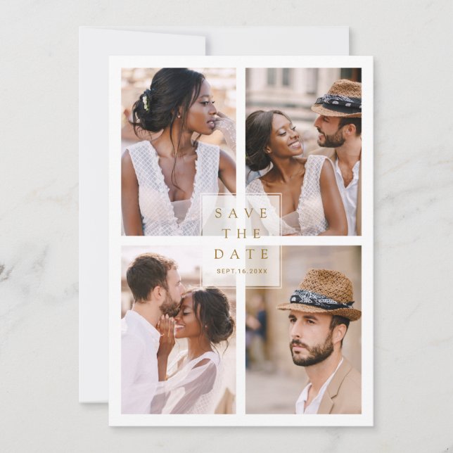 Moderne 4 Foto Collage Gold Wedding Save The Date (Vorderseite)
