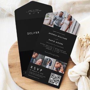 Moderne 4 Foto Collage Typografy Black Wedding All In One Einladung